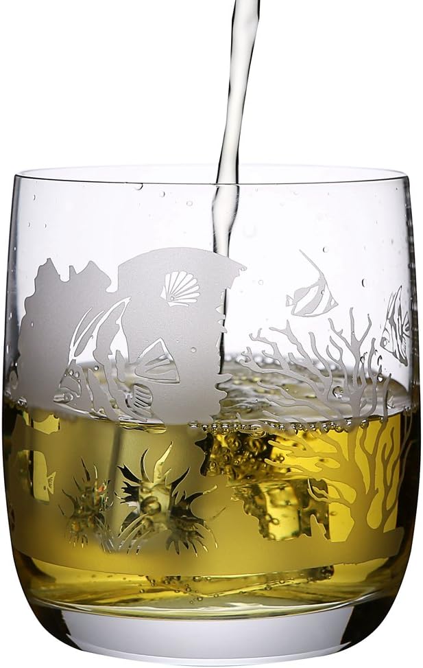 Crystal Whiskey Glass With Engraved Sea World Designs Set Of 2pcs With 2 Red Coasters
