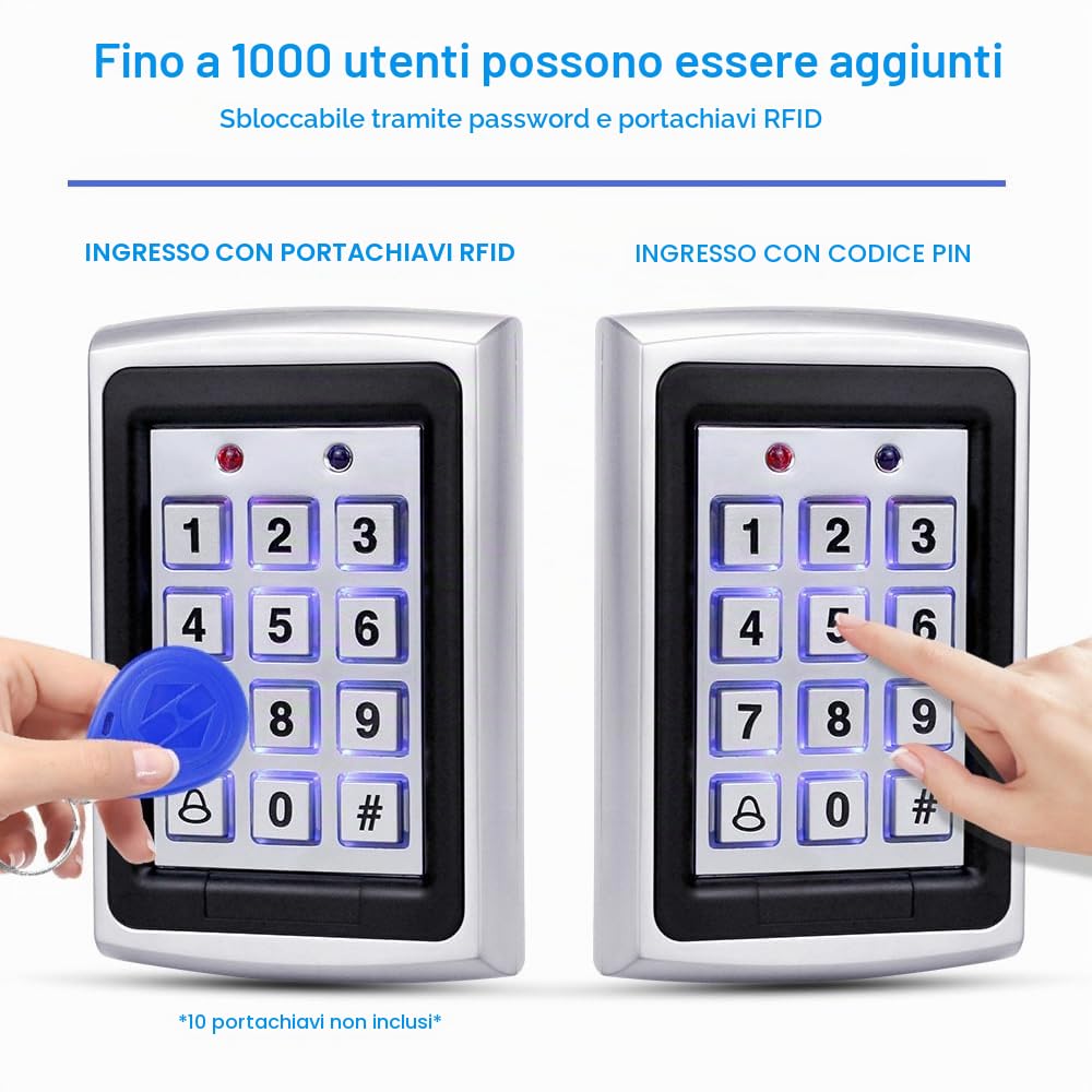 Kit Completo di Sistema di Controllo Accessi per Casa, Tastiera per 1000 Utenti in Metallo + Serratura Elettrica a Caduta DC 12V + Alimentatore 12V 3A + Pulsante di Uscita + 10 Chiavette