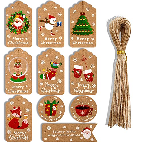 DOJoykey Etiquetas de regalo Navidad, 50 etiquetas de papel kraft de 10 diseños con 50 cuerdas de yute para decoración de árbol de Navidad