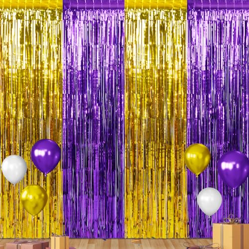 3Pack 3.3Ft x 6.6Ft Graduation Foil Fringe Curtain Backdrop Decorations, Purple Gold Metallic Tinsel Foil Streamers Curtain Photo Booth Background for Graduation Prom Wedding Birthday Party Decoration