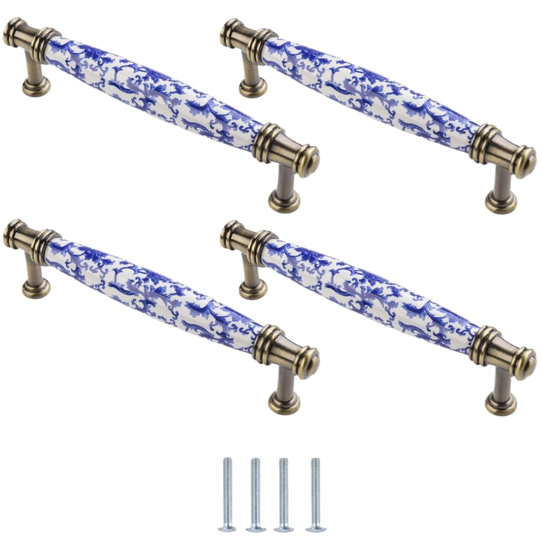Lqzaxsrdr 152*19*37Mm Ceramic Cupboard Drawer Handle Knobs, Blue And White Porcelain Ceramic Knobs Pack Of 4 Multiple Sizes Single Hole(152 * 19 * 37Mm)