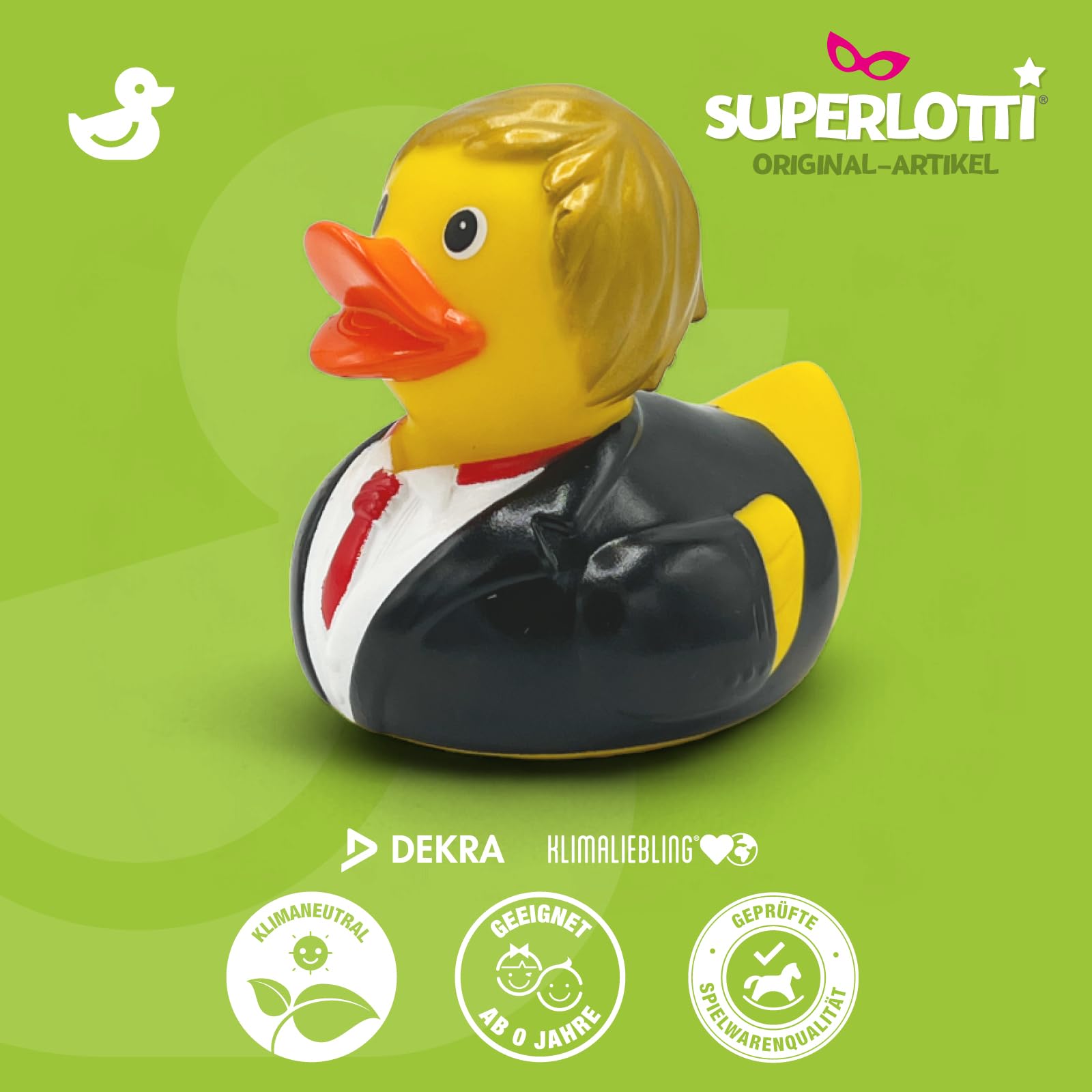 SUPERLOTTI Squeaky duck groom Jens, an original bath duck, quality brand for children, Yellow / Black, ca. 8 cm - Image 2