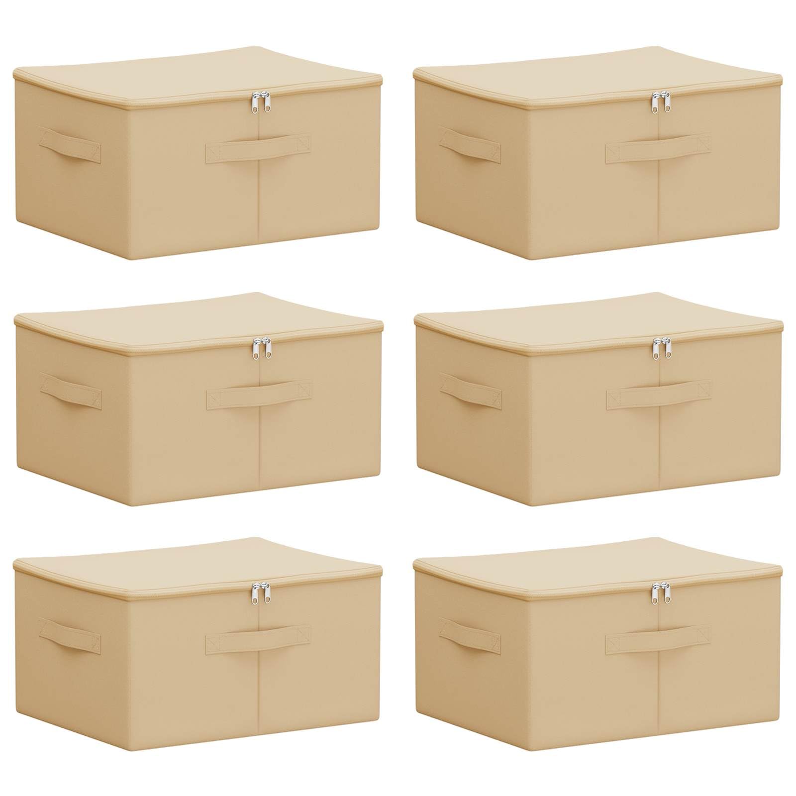 6er Set Aufbewahrungsboxen Creme 50x30x25 cm, Faltbare Ordnungsboxen mit Deckel, Stoffbox für Kleidung, Spielzeug und Schrank, Kleiderbox mit Tragegriffen