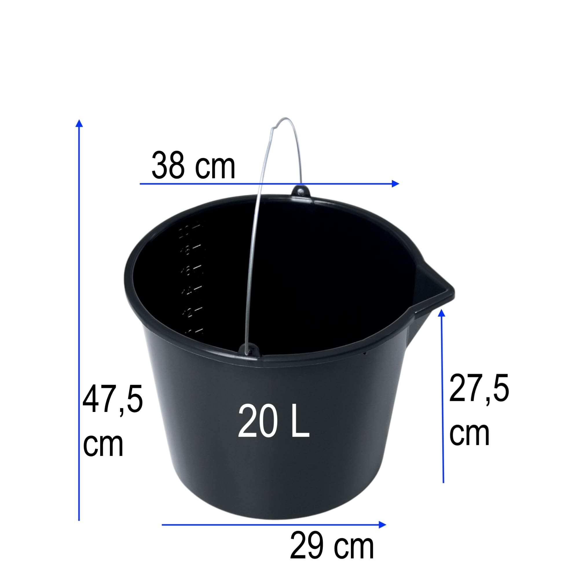 Cubo negro con escala y vertedor – 20 l – Cubo de plástico resistente con asa – Cubo de limpieza, cubo de agua y cemento – para construcción, jardín y hogar – Juegos de 15 unidades (15, 20 L)