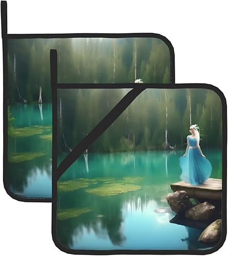 Juego de almohadillas calientes de 8 x 8 pulgadas con estampado de hadas de lago, antideslizante, resistente al calor, para hornear y cocinar