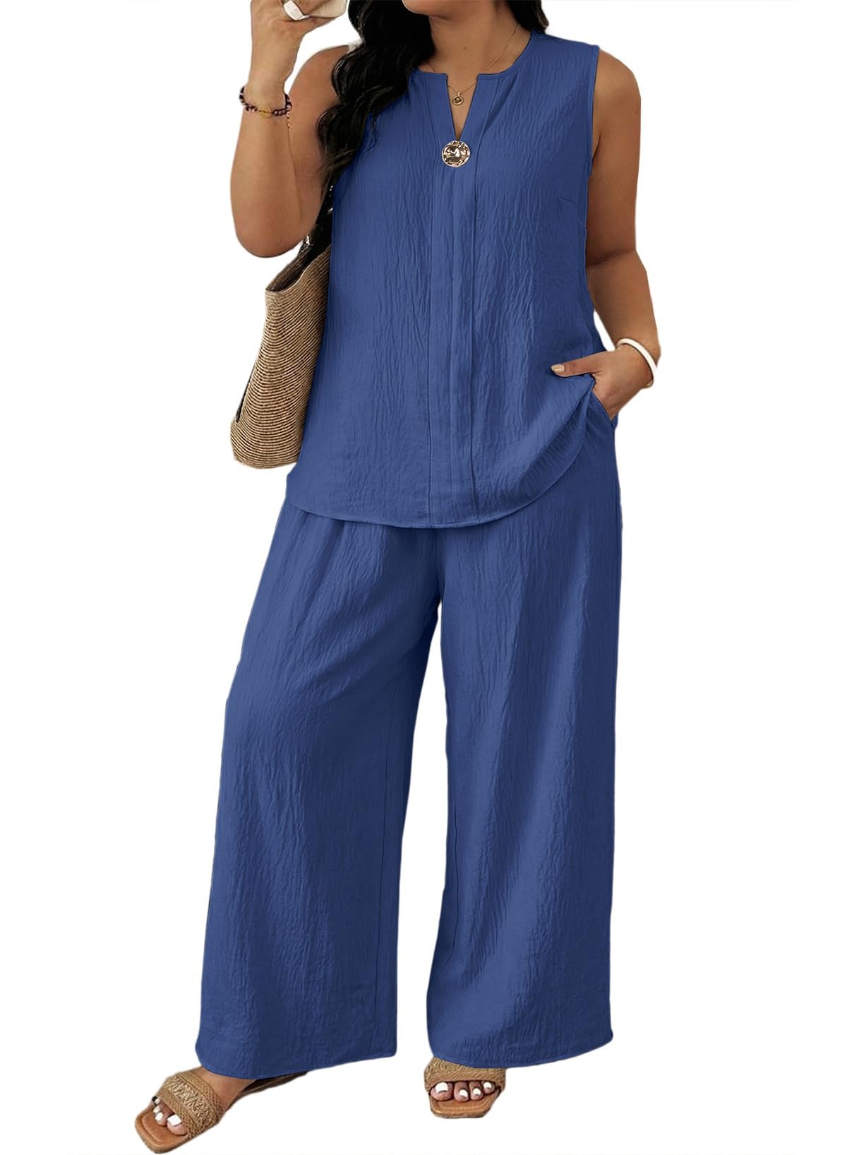 Eytino Plus Size 2 Piece Sets for Women Summer Travel Vacation Outfits Sleeveless Tops Wide Leg Pants Matching Sets(1X-5X)
