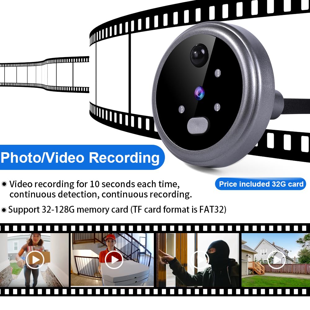 iTenen Telecamera Spioncino,Per la Porta Domestica,Campanello Senza Fili con Monitor 2.8" Pollici,Rilevamento Movimento PIR,32G Card Inclusa,Visione Notturna