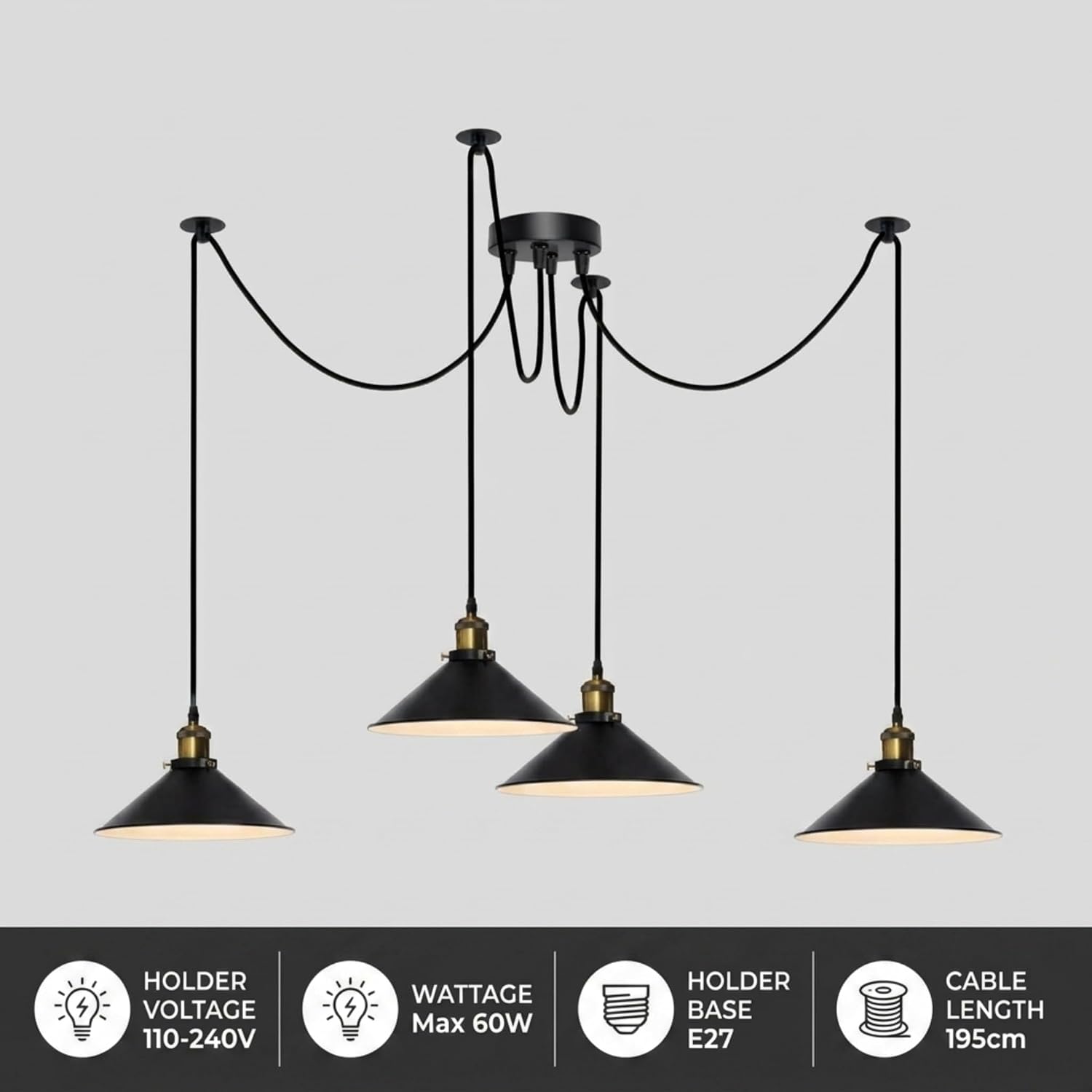 4 Way Spider Pendant Light Ceiling Lamp E27 Multi Coloured Cone Shade Industrial Chandelier UK