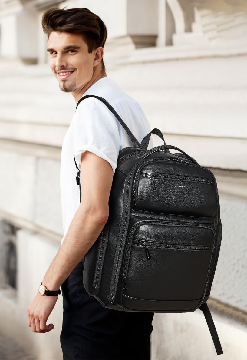 Veganer Lederrucksack, 40L Checkpoint-freundlicher Reiserucksack für Damen und Herren, geeignet für 17-Zoll-Notebook, mit Koffergurt und USB-Anschluss, Schwarz Laptop-Rucksäcke