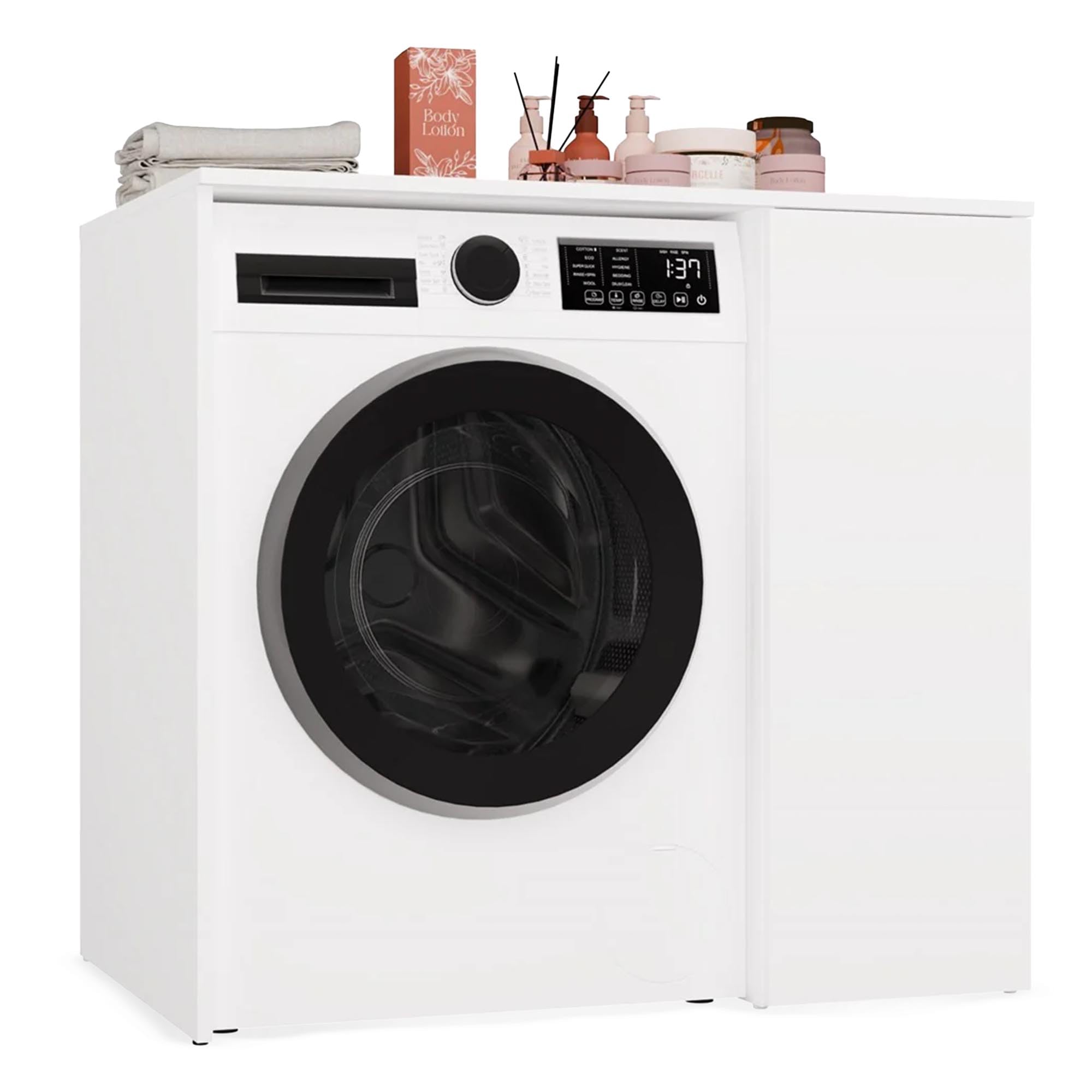CDF Mueble Lavadora POLA NP 1D Blanco 95x88,5x64 cm Nicho Lavadora Puerta TIP-ON Estantes Laterales Toallas Productos Limpieza Bano Minimalista Moderno Almacenamiento Organizacion Montaje Facil Blanco