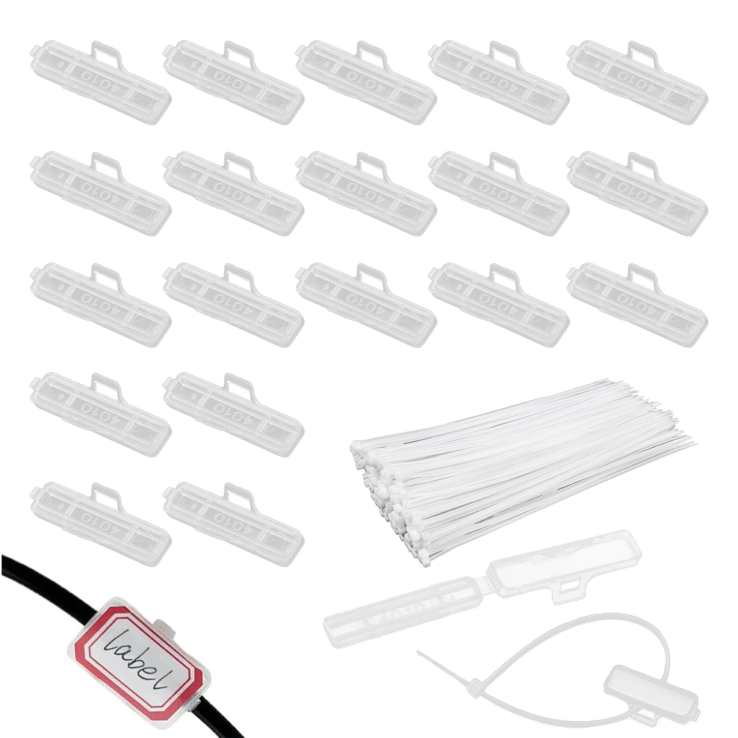 RHQFDM 40Pcs Cable Labels,Transparent Cable Labelling Clip,Waterproof Cable Labelling Identification Box with 40Pcs Nylon Cable Ties,for Labelling and Sorting All Types of Cables(4010)