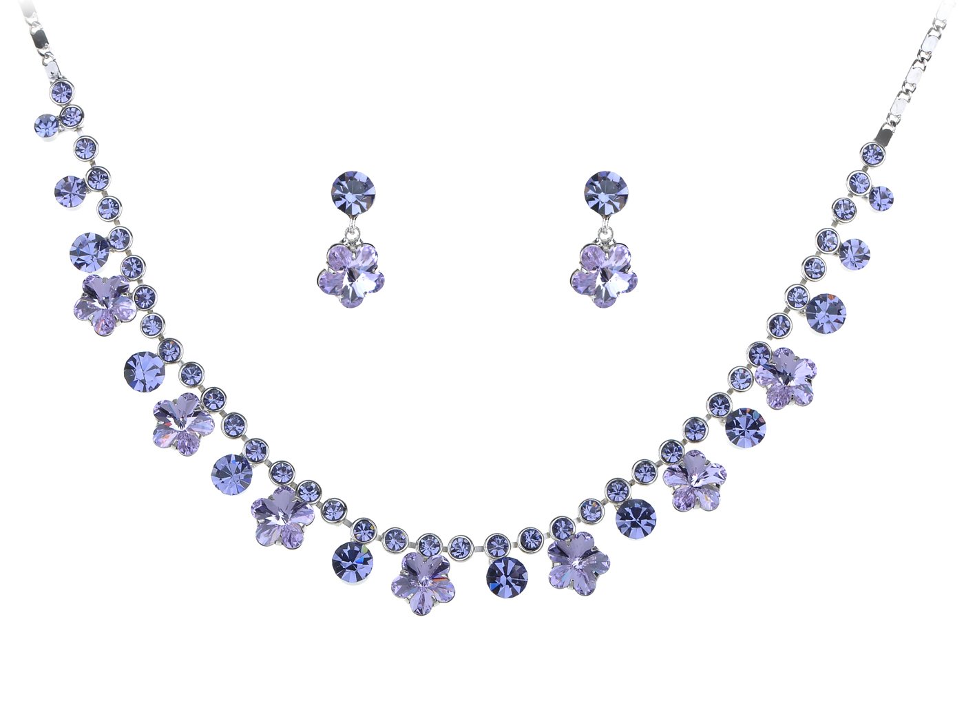 Womens Crystal Purple Hibiscus Flower Drop Earring Necklace Statement Jewelry Set