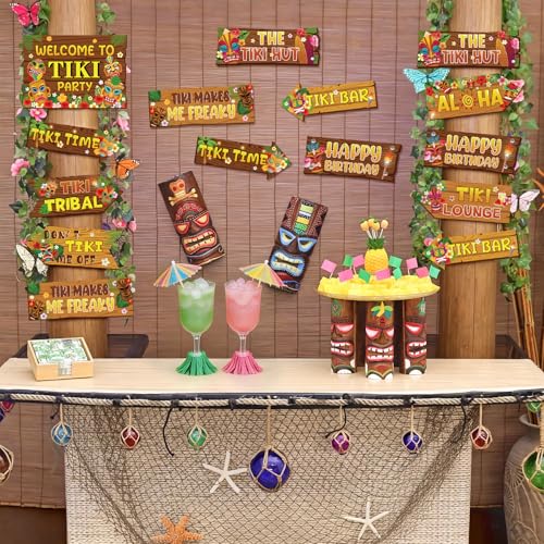 Image of Hooqict 20 Pieces Hawaiian Luau Party Decorations Welcome to Tiki Party Directional Sign for Outdoor Summer Tropical Hawaiian Luau Tiki Birthday Party Decorations Supplies