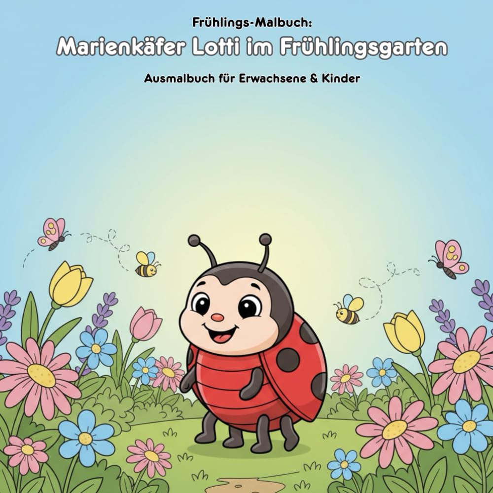 Marienkäfer Lotti im Frühlingsgarten – Geschichte & Malbuch: Für Kinder & Erwachsene mit 36 Ausmalbildern – 21.59 x 21.59 cm – Große Motive für kleine Künstler