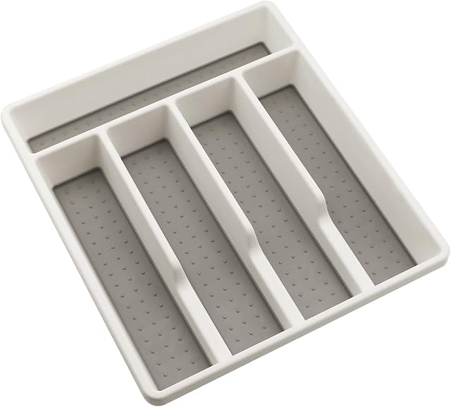 WOODFIB Cutlery Tray Organiser, 5 Compartments Utensil Tray Silverware Holder, Plastic Drawer Organiser Home/Kitchen/Office, Non-Slip Rubber Feet, 32x29cm (White)