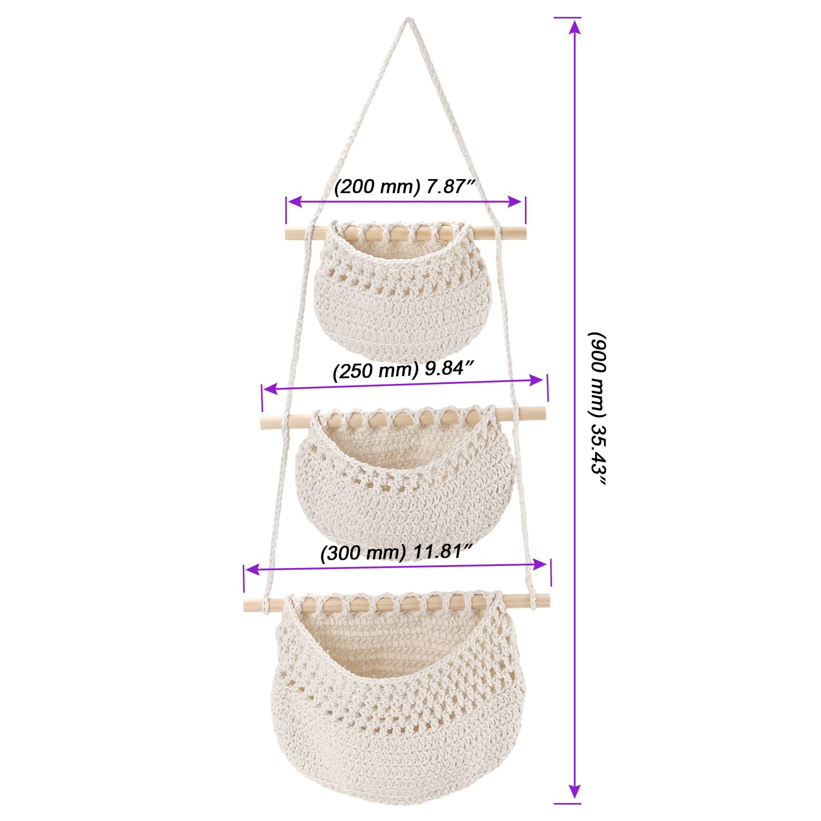 90cm Hängender Organizer Wand, Hängeorganizer Makramee Hängekorb Geflochten, Hängetasche aus Baumwollseil für Badezimmer, Schlafzimmer, Wohnzimmer Boho Deko