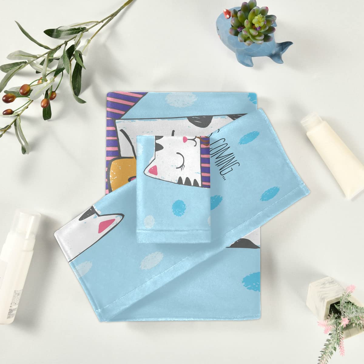 Corazón Azul Gato Lindo Animal Juego de Toallas para Baño Playa 100% Algodón de Piscina Toalla (1 Toalla de Baño y 1 Toalla de Mano y 1 Paño de Lavado) para Nadar Hotel Niñas Niños Niños