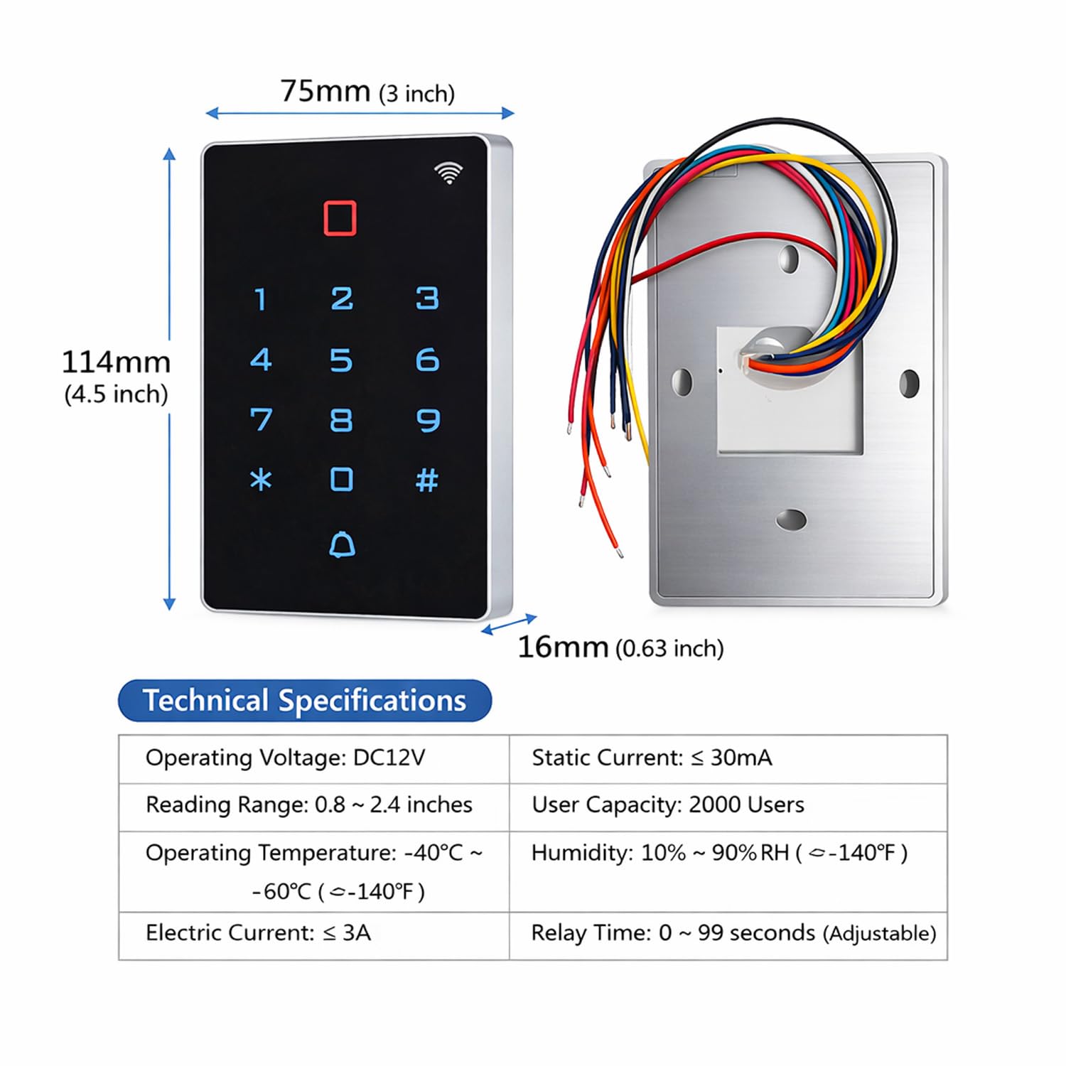 Controllo Accessi WiFi Tuya RFID, Tastiera a Codice Touch Retroilluminata IP68, Lettore RFID 125kHz, WG26/WG34, DC12V, con 10 Badge RFID(7)