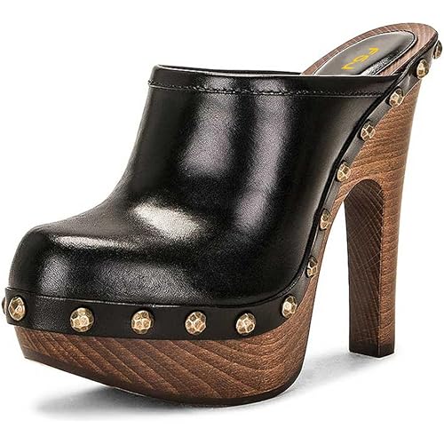 FSJ Women Closed Round Toe Mules Wooden Block High Heel Clogs Slip On Studded Platform Sandals Vintage Dress Slide Shoes Size 4-16 US