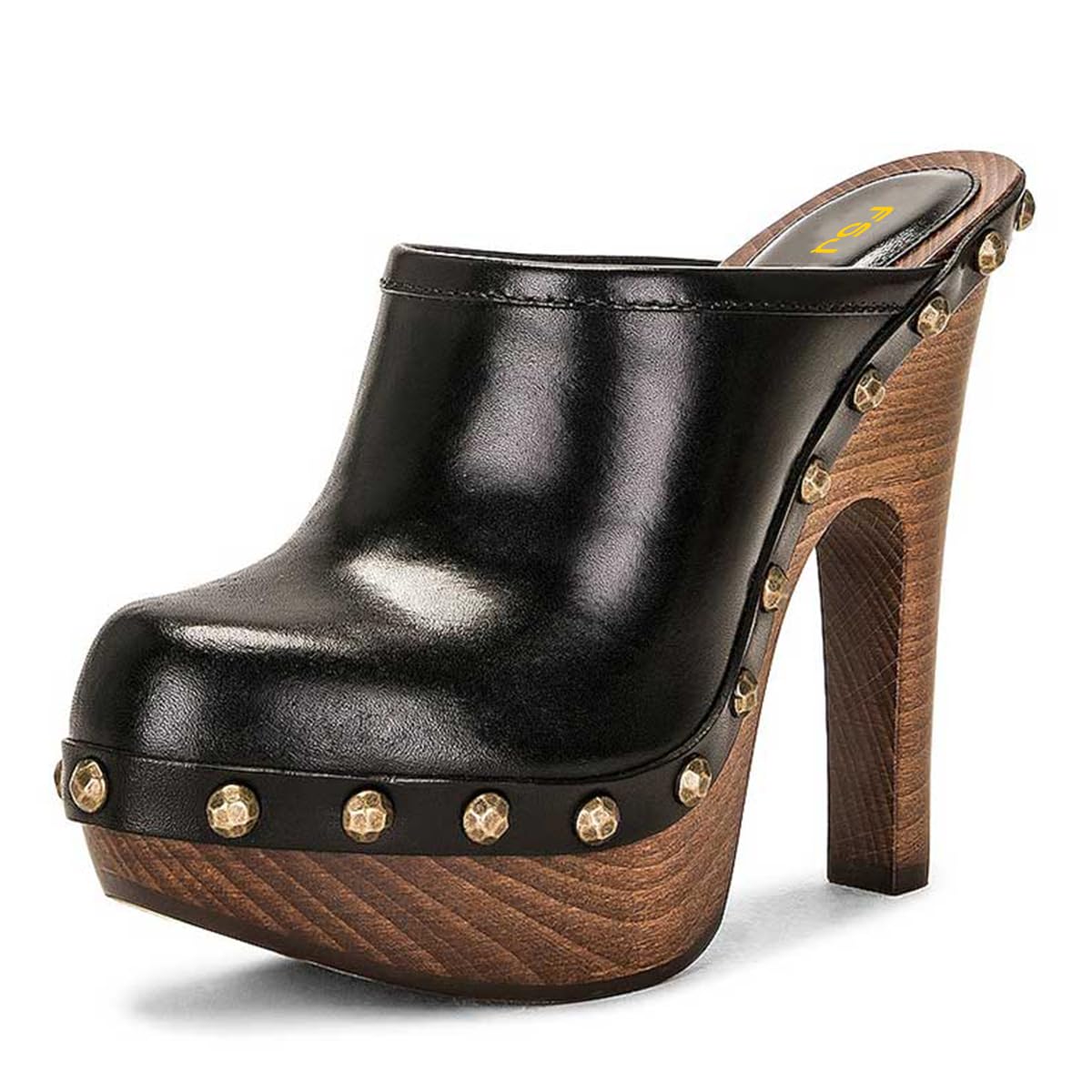 FSJ Women Closed Round Toe Mules Wooden Block High Heel Clogs Slip On Studded Platform Sandals Vintage Casual Dress Slide Shoes Size 4-16 US
