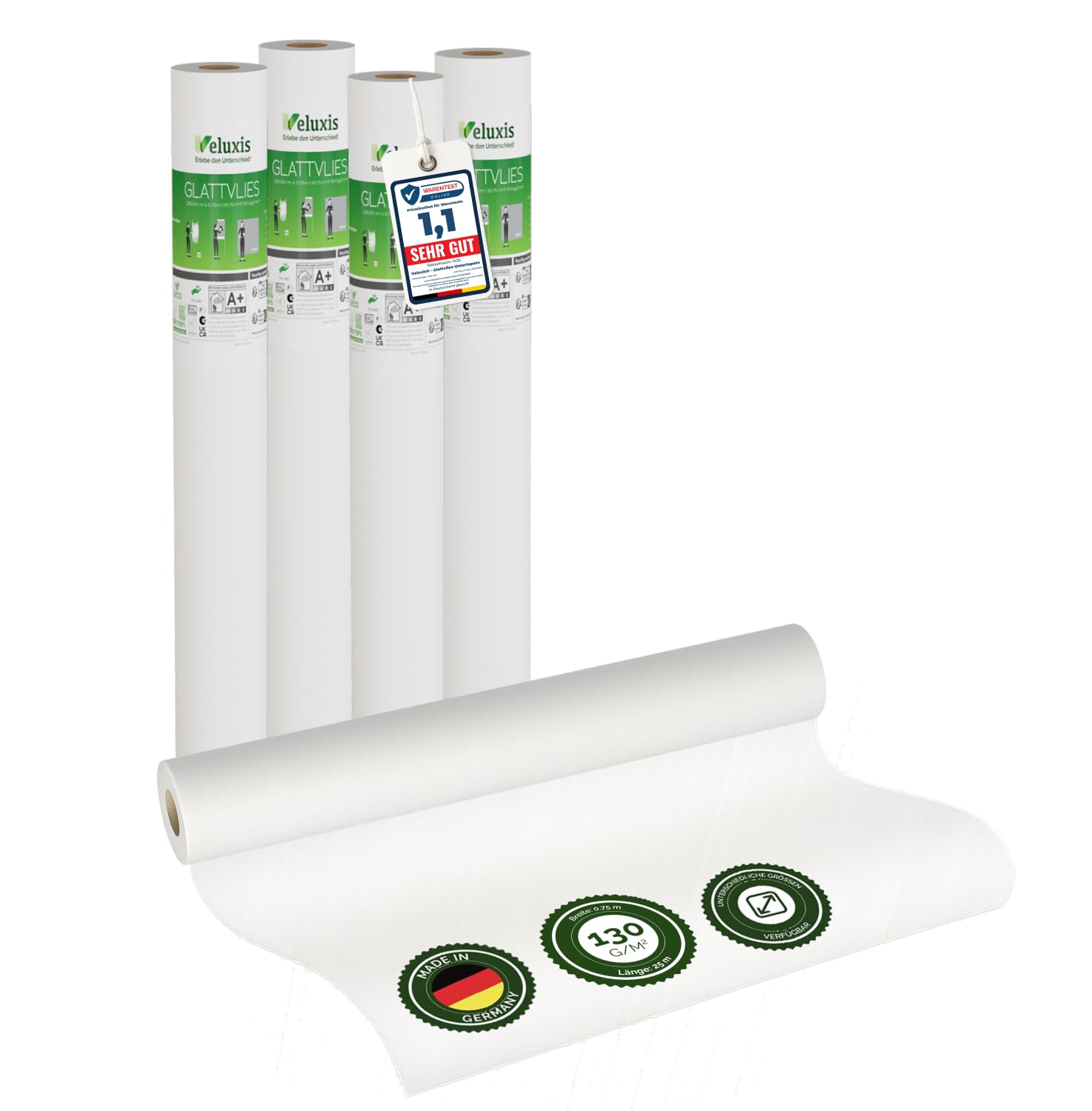Veluxis Glattvlies Vliestapete weiß – Renoviervlies Untertapete 4er Set, 4 x 25,00 m x 0,75 m, 130g/m², überstreichbar, rissüberbrückend, formstabil