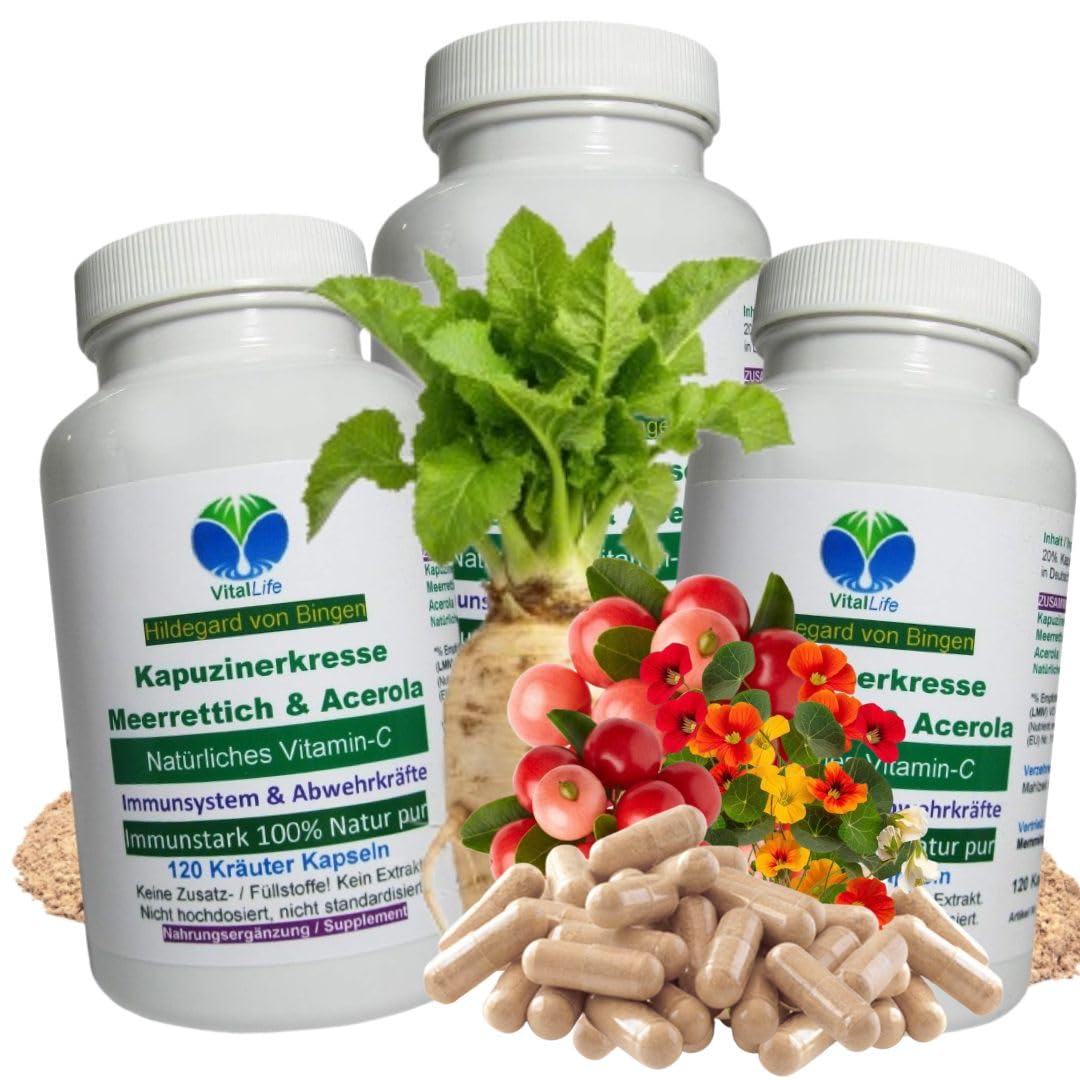 Immunstark - Immunsystem & Abwehrkräfte stärken 360 (3x120) Kapseln Immun-Trio mit Kapuzinerkresse, Meerrettich, Acerola (natürliches Vitamin-C). 100% NATUR pur. OHNE Zusatzstoffe. 26665-3