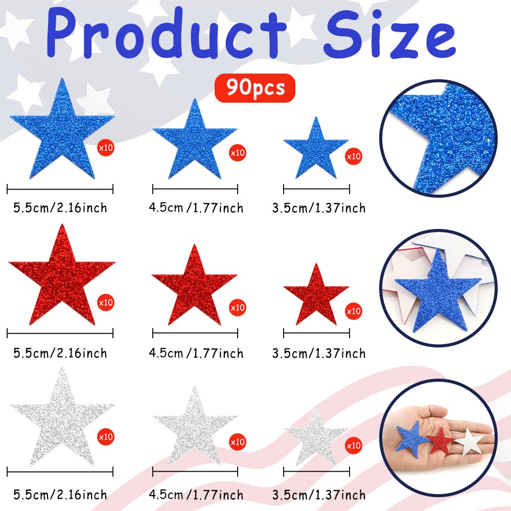 360 Pcs Patriotic Star Stickers - Red White Blue Glitter Foam Stars For July 4th Decorations