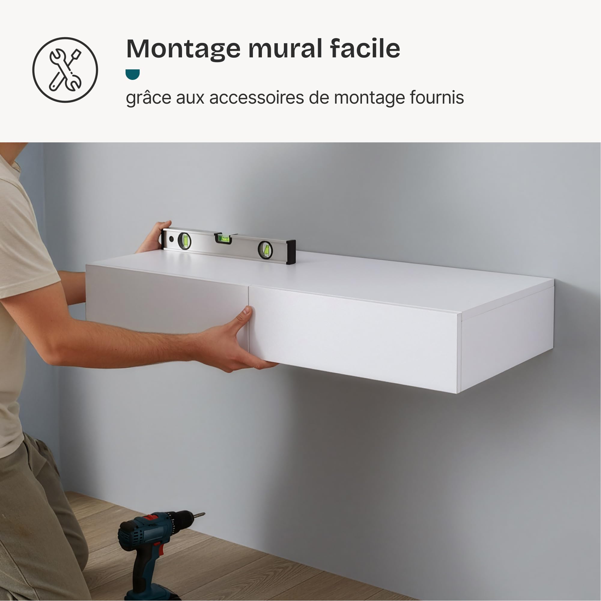 [en.casa] Étagère Murale avec 2 Tiroirs Table de Chevet Nuit Flottante Table d'Appoint Suspendue avec Espace de Rangement MDF PVC 80 x 35 x 12 cm Blanc