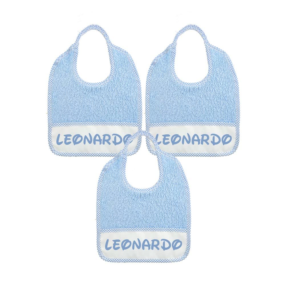 3 bavaglini personalizzati con nome misura cm.24x27 in spugna con elastico e tasca raccogli briciole personalizzata con nome - 100% cotone - made in italy