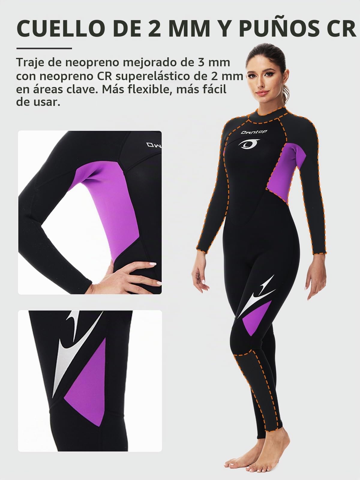 Owntop Neopreno Mujer 3/2mm Completo, Traje de Neopreno de Invierno de Manga Larga Ultra-Elástico, Cremallera Trasera Traje de Neopreno para Surf y Buceo para Adultos, Mujer Morado 3XL