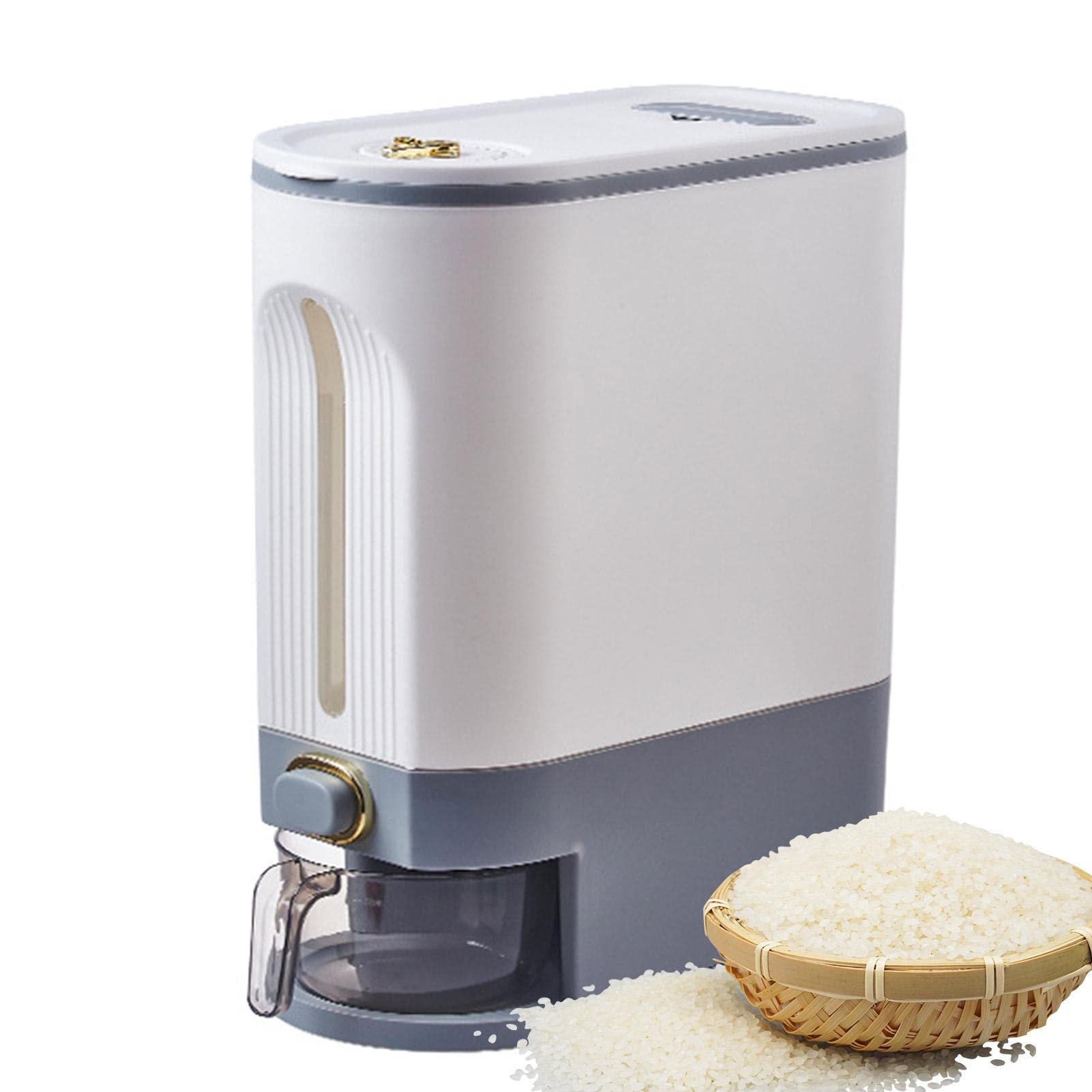 Contenedor de arroz,Dispensador de arroz sellable Contenedor de grano sellado grande Dispensador de alimentos,organización de cocina con indicador de tiempo,taza medidora para cocina,maíz,Gris