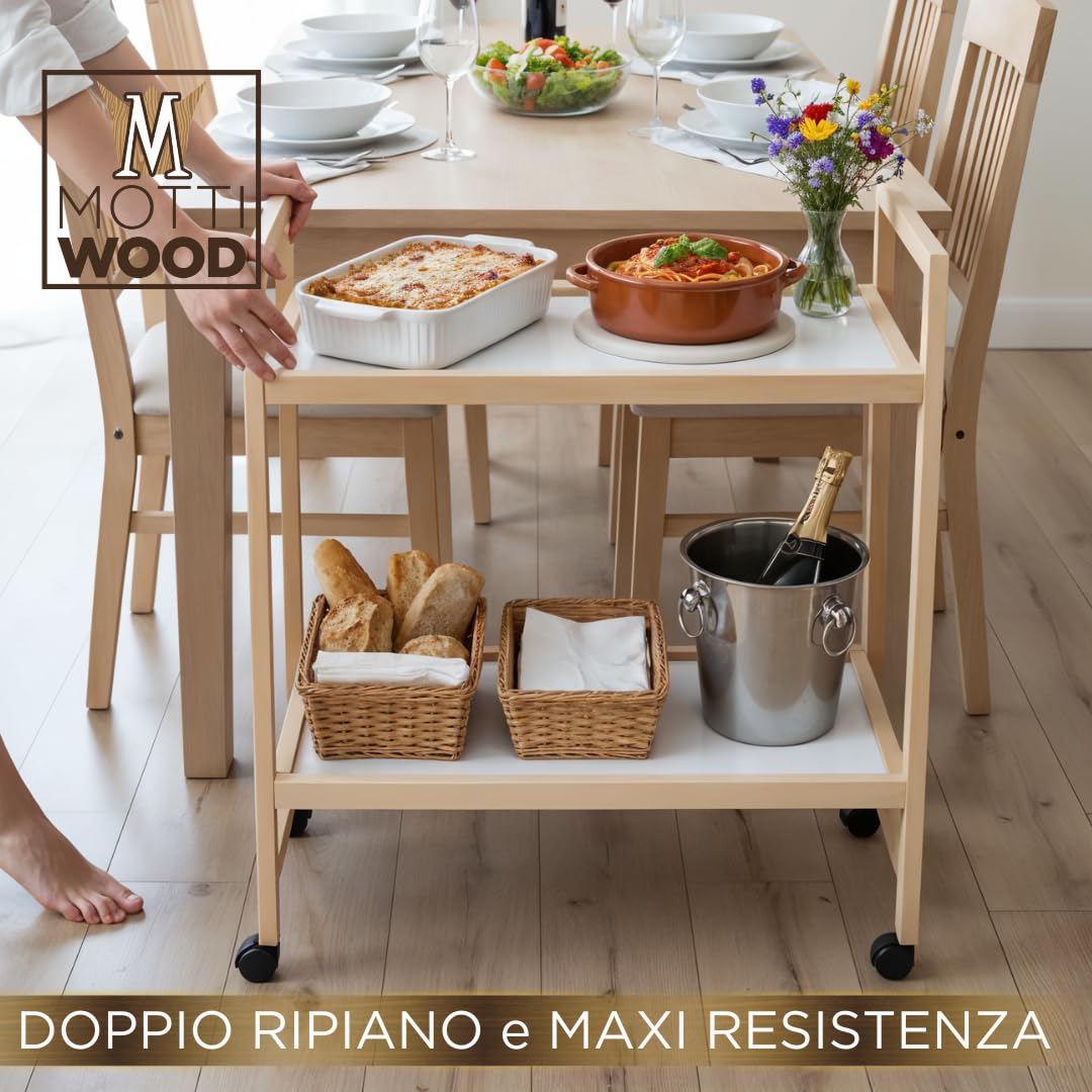 Carrello Multiuso, 2 Ripiani, 100% Legno Faggio, 34x60x83h cm, Con Rotelle, Made in Italy