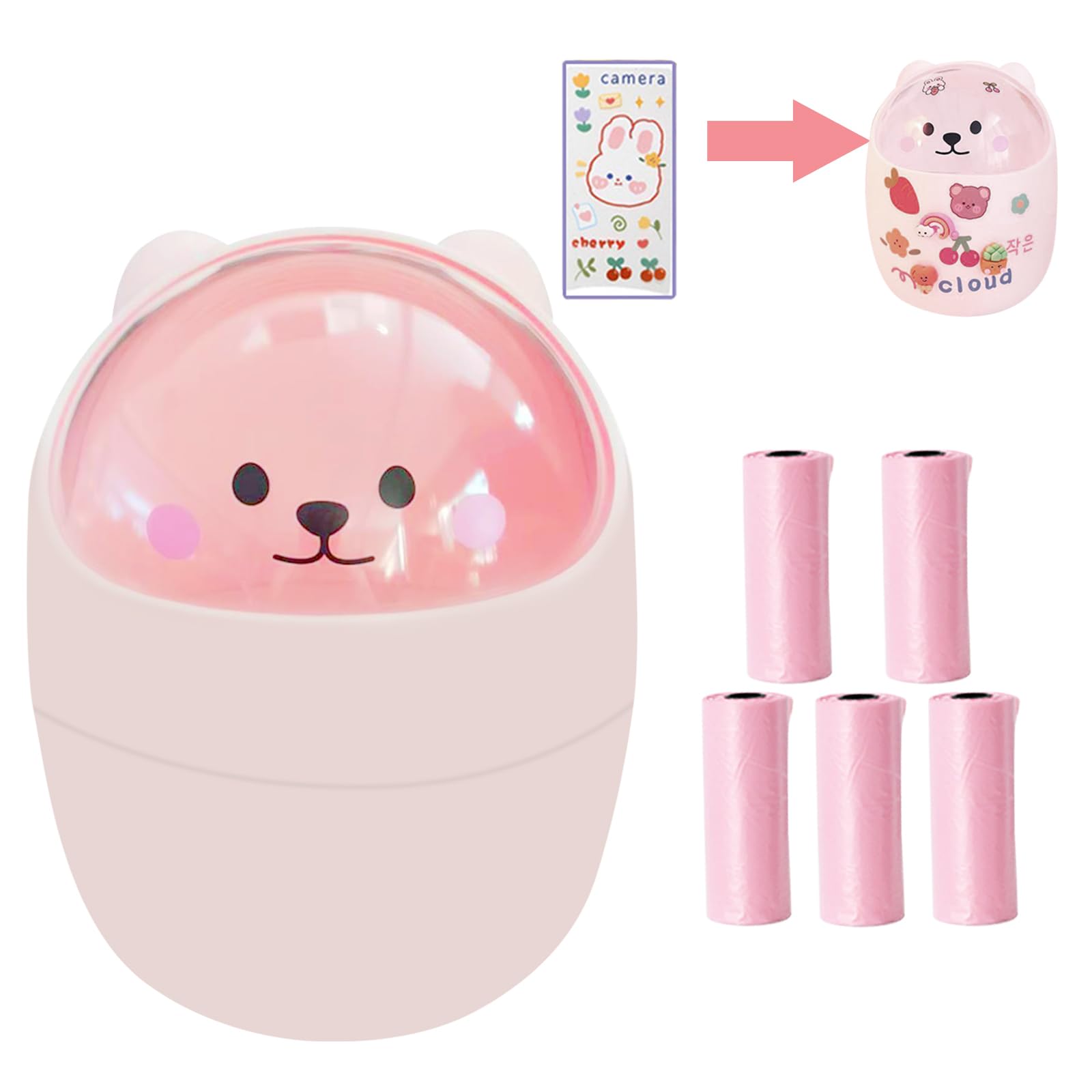 Accessorio Ufficio Pattumiera Da Tavolo Con Coperchio - Mini Cestino Portatile Con Adesivi Simpatici - Per Scrivania, Casa, Cucina - Rosa Cestino Portatile Con Design Animali - 5