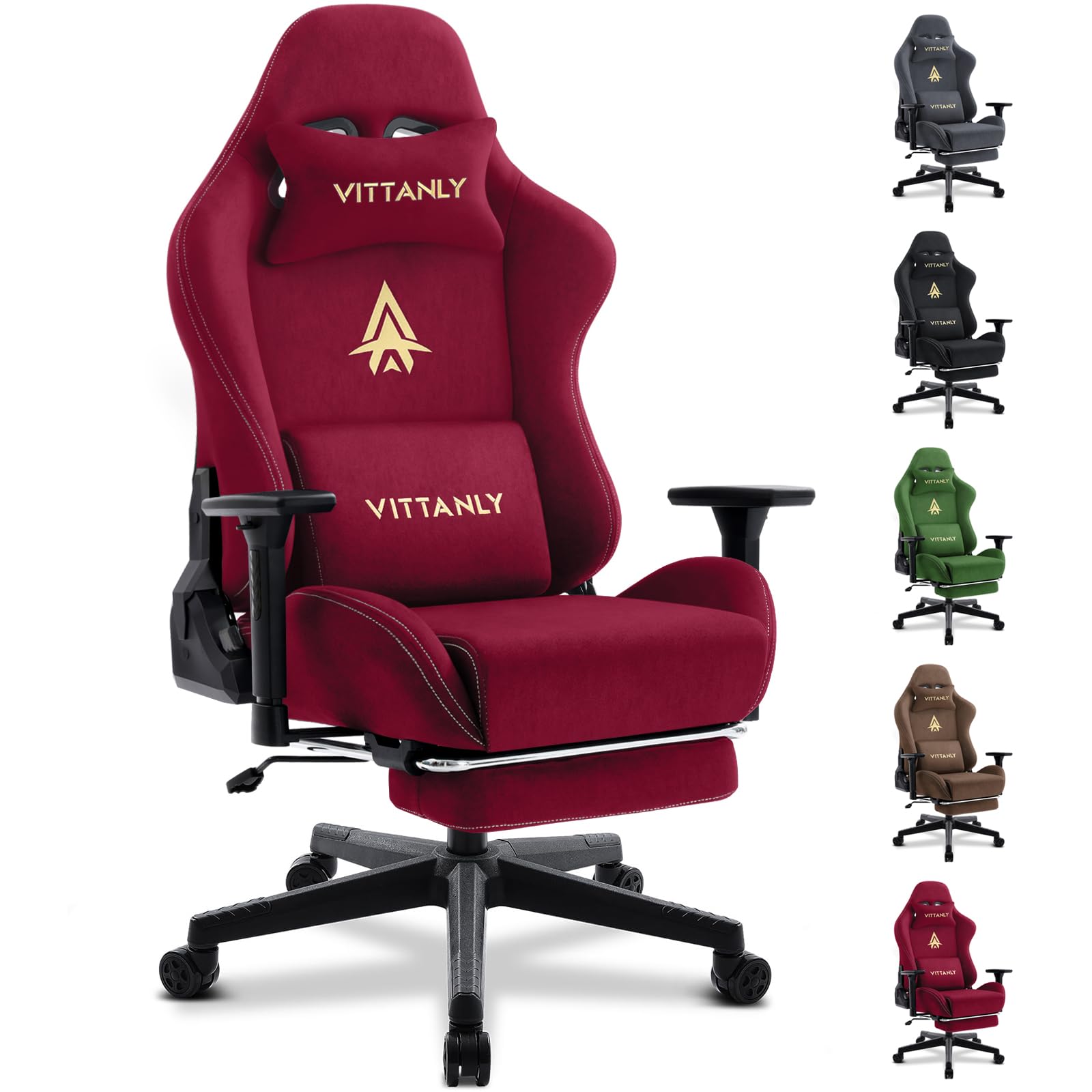 Vittanly Gaming Chair, Luxury Breathable Suede Ergonomic Office Chair with Footrest, Headrest and Lumbar Cushion, 90-155° Backrest, Wine Red