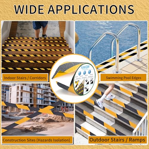 Image of Black & Yellow Anti-Slip Stair Treads Tape, 4 inch x50FT Heavy Duty Non-Skid Grip Tape for Indoor /Outdoor Steps, Bathroom & Pool - PVC Waterproof Safety Traction Tape