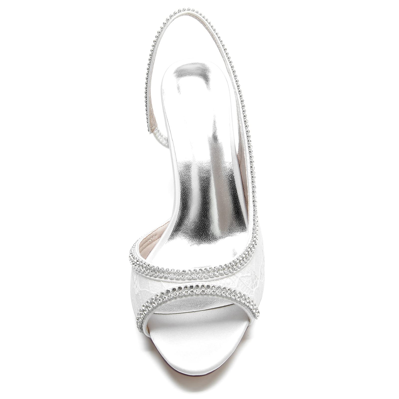 Sandali Donna in Pizzo Slingback Avorio Scarpe da Sposa Open Toe Tacco Medio con Bordo in Strass Elegante Calzature Cerimonia e Gala