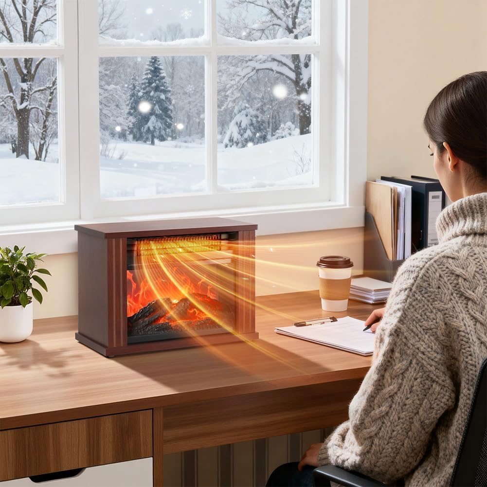 LifePlus Electric Fireplace Heater, Portable Wood Fireplace Stove with 3D Realistic Dancing Flame Effect, Tabletop Fireplace Space Heater Overheat Protection for Indoor Use Bedroom Office