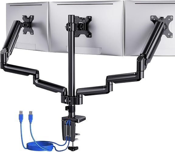ErGear Monitor Halterung 3 Monitore für 13 bis 27 Zoll Bildschirme, Bildschirmhalterung 3 Monitore mit 2 USB-Anschlüssen; Jeder Monitorarm trägt max. 8kg, Gaming Monitorhaltrung mit VESA 75/100 - Schwarz