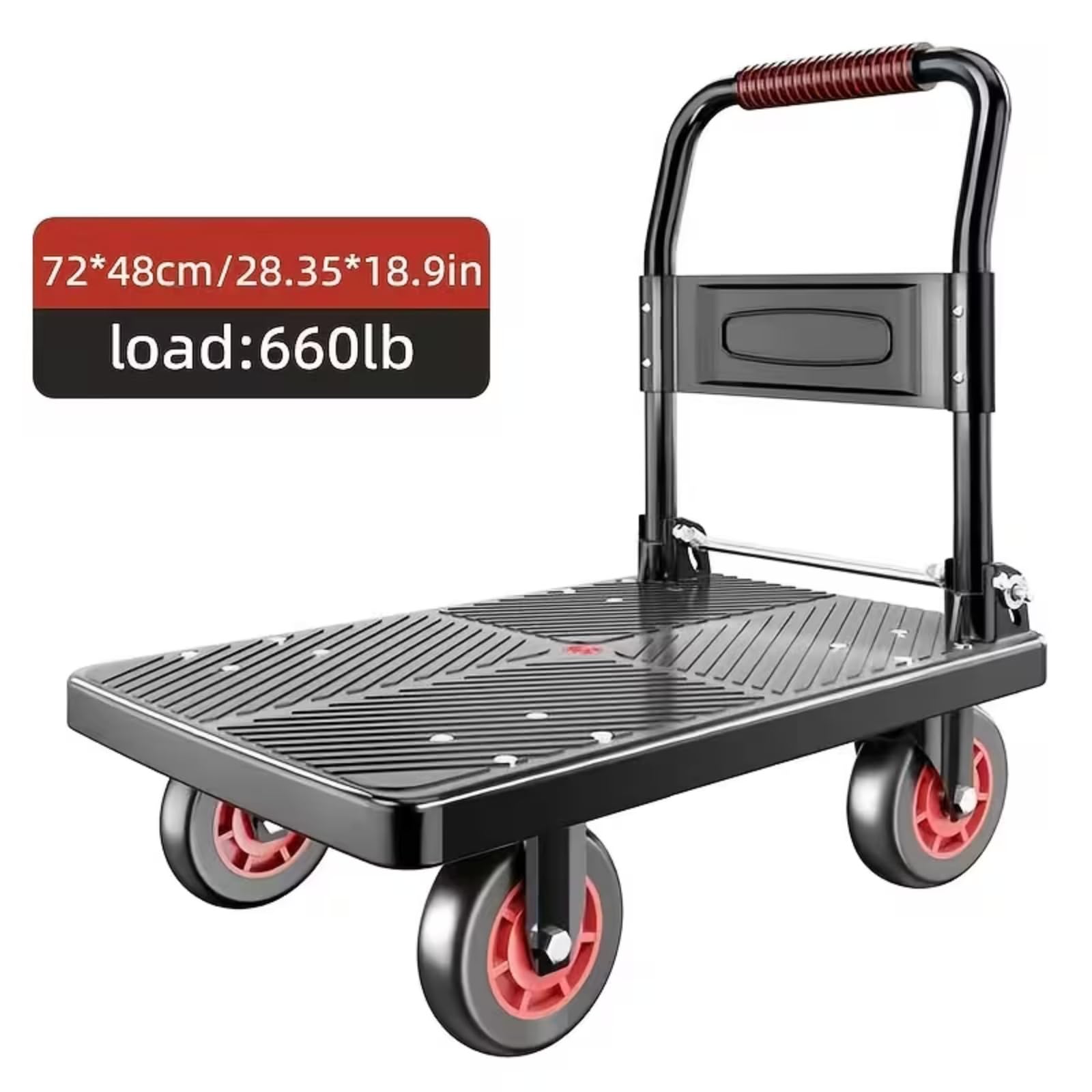 Ulepszony składany wózek do pchania – wózek ręczny o pojemności 254 kg, ciężka platforma ruchoma z 10 cm TPR 360-stopniowymi cichymi kółkami, 2 obrotowe i 2 mocowane do transportu oszczędzającego