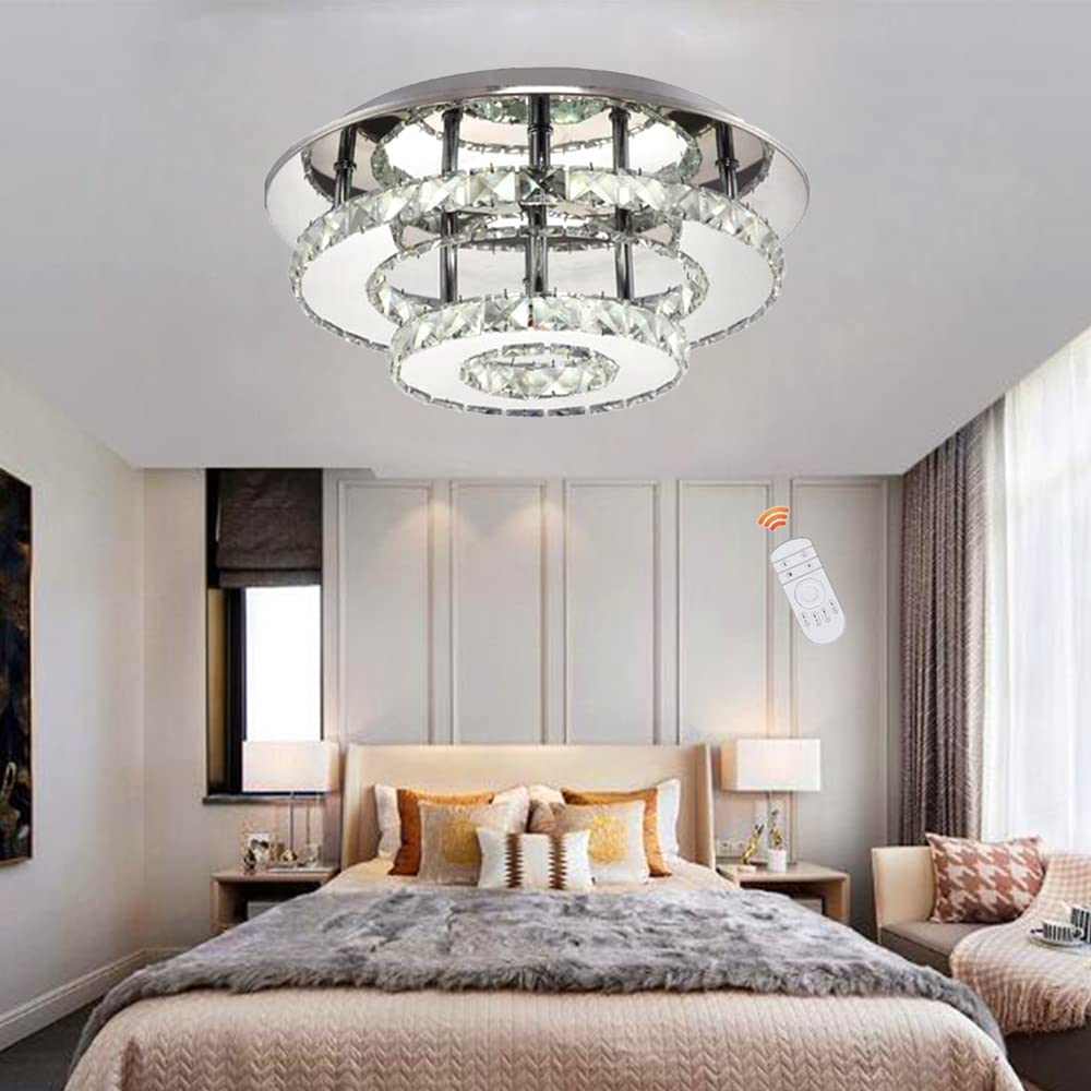 Cristal Plafonnier Lustre LED 36W Rond Plafonnier Dimmable Avec Télécommande Moderne Salon Pendentif Lampe Chambre Salle À Manger Couloir Éclairage Intérieur Extérieur Argent
