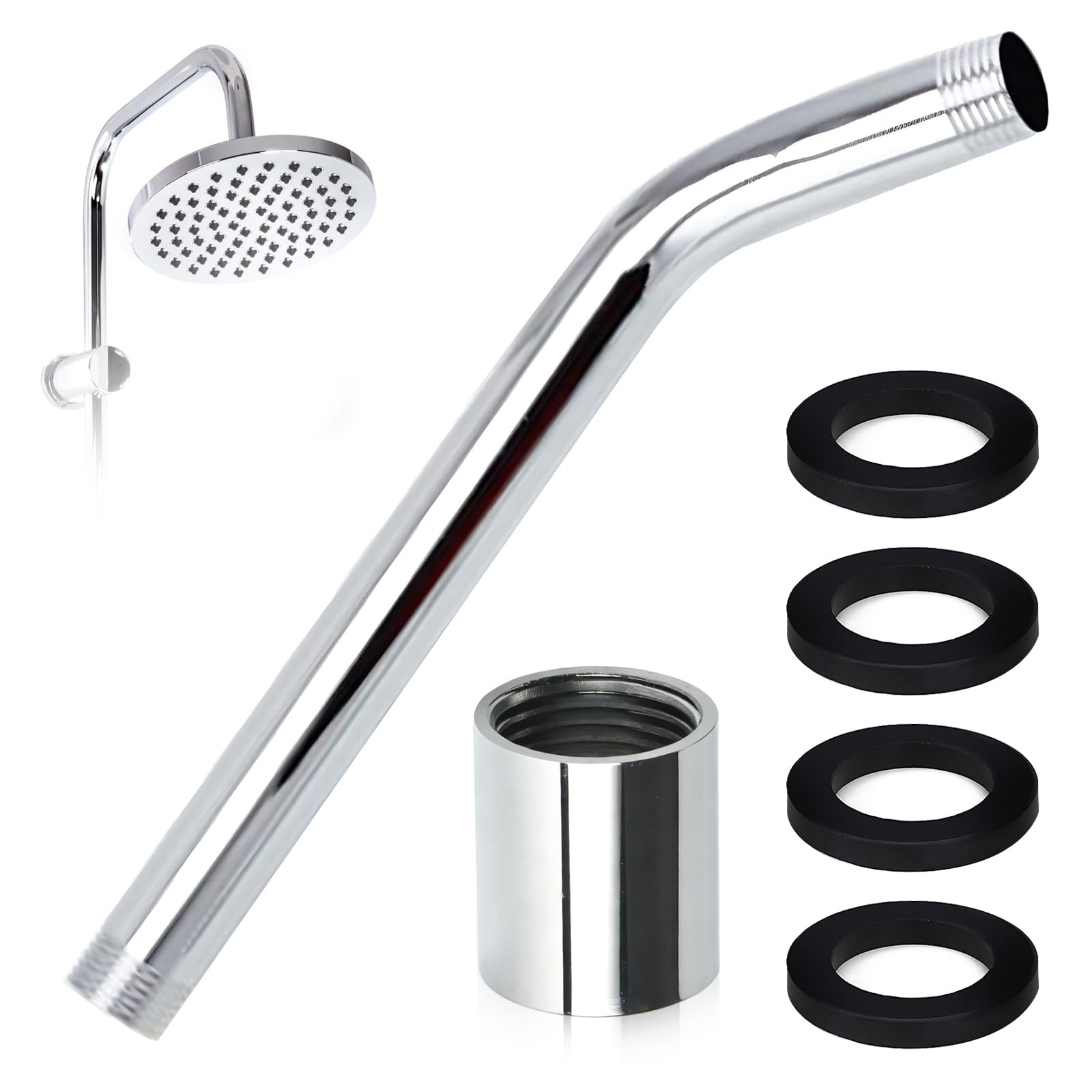 Shower Head Extension Arm Stainless Steel 23cm Shower Extension Pipe and Universal G1/2" Shower Hose Connector with Spacers Home Bathroom Accessory