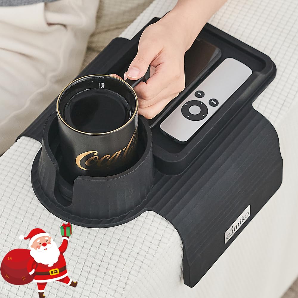Couch Cup Holder Tray, Elimiko Silicone Sofa Drink Holder with Large Cup Holder and Tray, for Oversized Mugs/Long Remote/Snacks/Cellphone (Black)