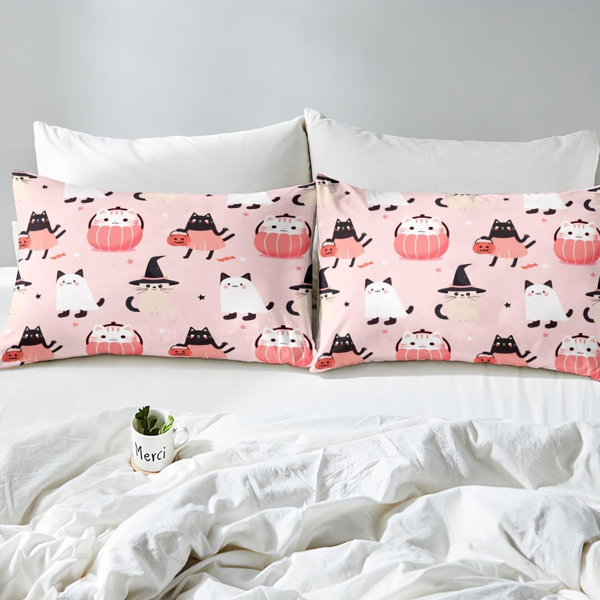 Erosebridal Kids Cute Ghost Cats Duvet Cover Full Happy Halloween Pumpkin Bedding Set Gifts for Girls Teen,Black White Halloween Kitten Comforter Cover Pink Halloween Bedspread Cover 2 Pillow Cases