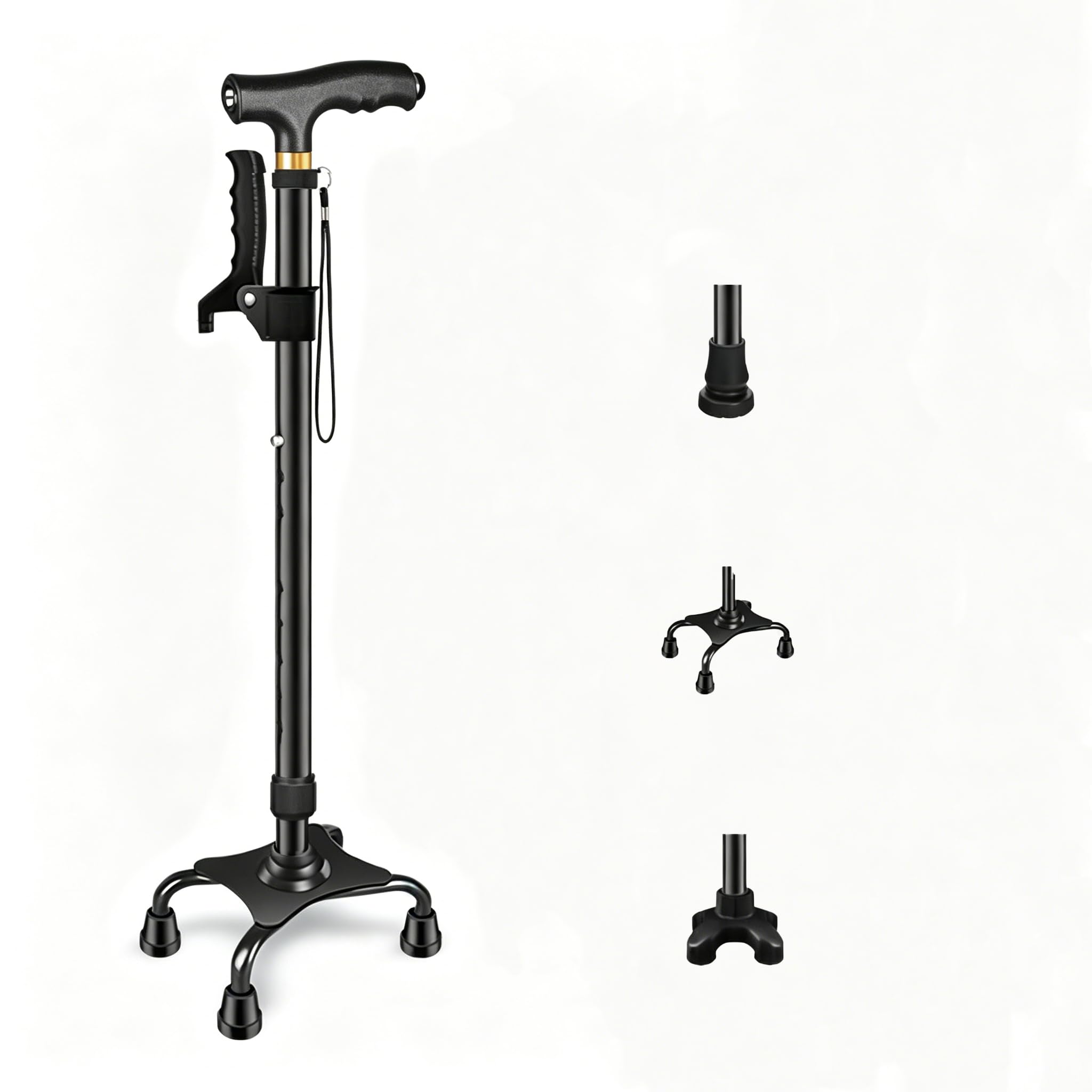 Bastoni da passeggio per anziani, bastone antiscivolo con lunghezza regolabile, base a quattro gambe resistente per garantire stabilità e sostegno, nero