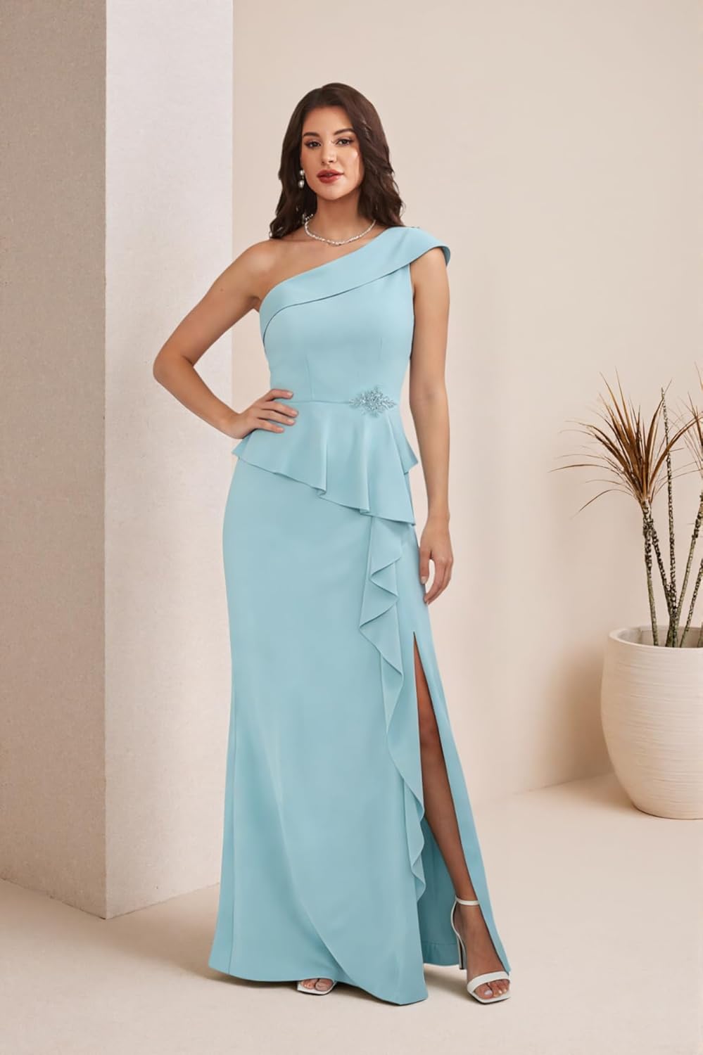 Mother of The Bride Dresses for Wedding One Shoulder Cascading Ruffle Formal Grandmother Groom Gown MX26