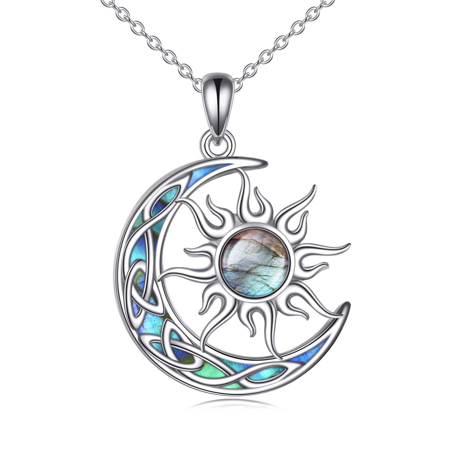 YAFEINI Sonne und Mond Kette Damen 925 Sterling Silber Opal Keltischer Mond Anhänger Halskette Mondstein Sonne Schmuck Geschenk