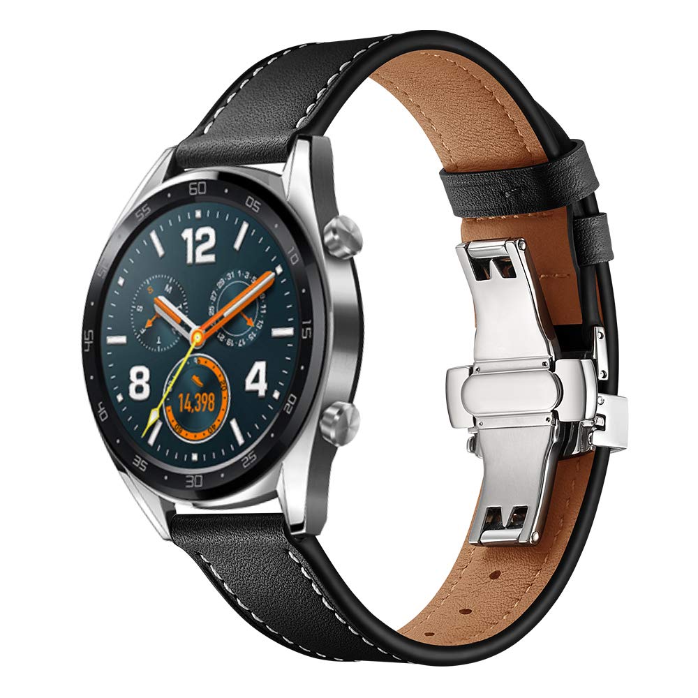 AISPORTS Compatible avec Samsung Galaxy Watch 46mm Bracelet en Cuir, 22mm en Cuir Souple Respirant Sport Bracelet en métal Boucle Papillon Bracelet de Rechange pour Samsung Galaxy Watch 3 45mm/S3