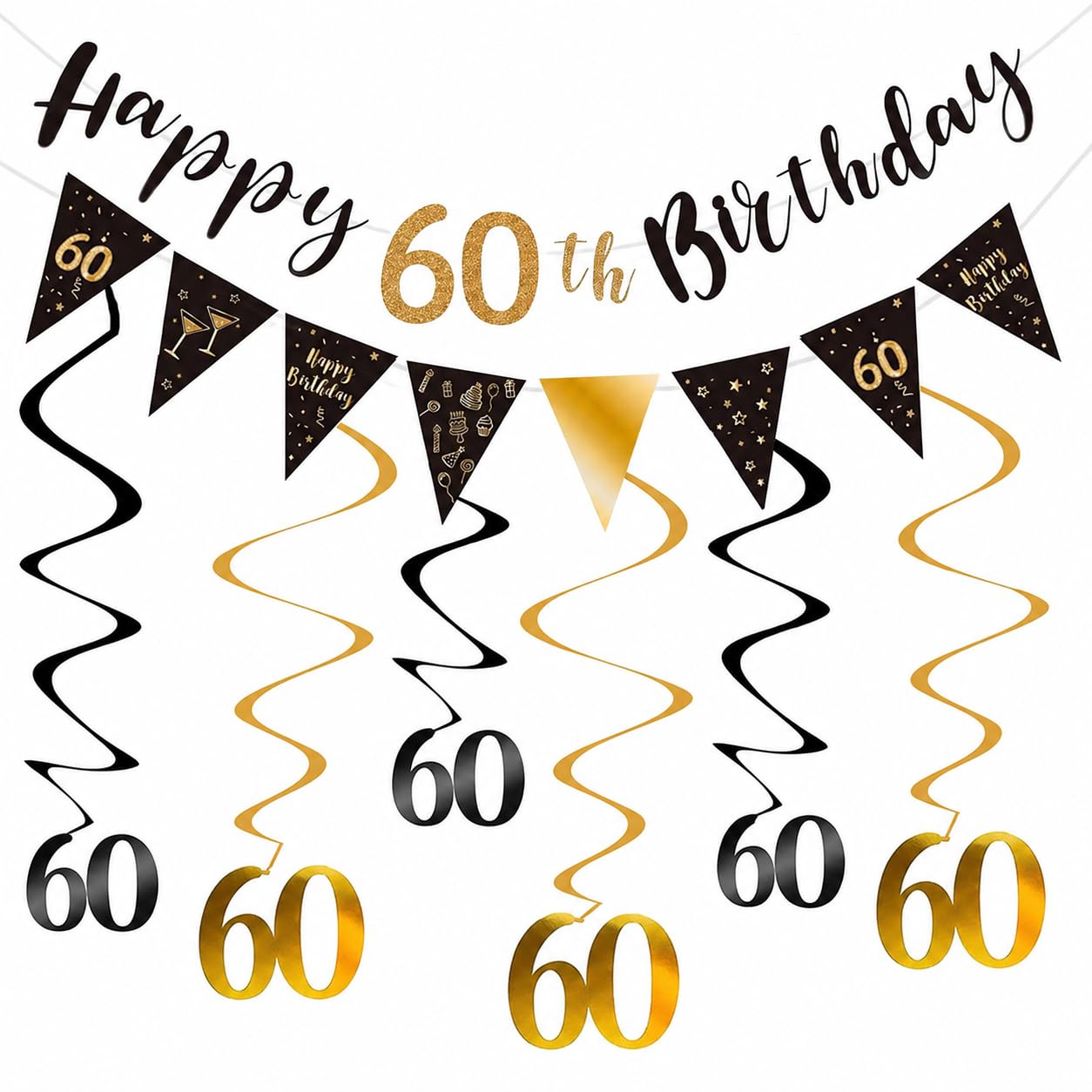 60th Birthday Decorations, Black & Gold Banner, Triangle Flags & Swirls