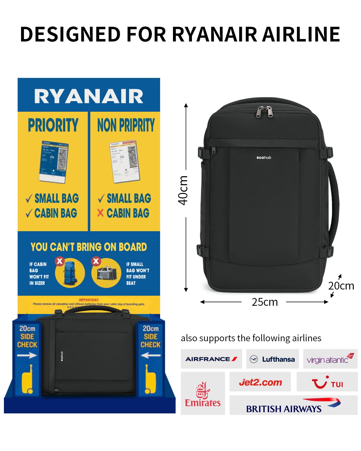 ECOHUB 20L Zaino Ryanair 40x20x25, Zaino Da Viaggio Aereo Bagaglio a Mano Con Scomparto Per Laptop 3D, Resistente all'Acqua Bagaglio a Mano 40x20x25 Ryanair, Riciclato Zaino Viaggio Donna Uomo, Nero