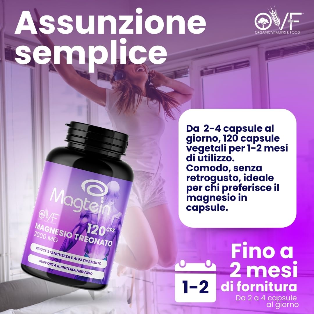 OVF Magnesio Treonato Puro Magtein ® 2000mg 120 Capsule, Magnesio Stanchezza e Sistema Nervoso, Integratore Magnesio L Treonato per Concentrazione, Stanchezza Fisica e Mentale, Senza Zucchero, Vegan
